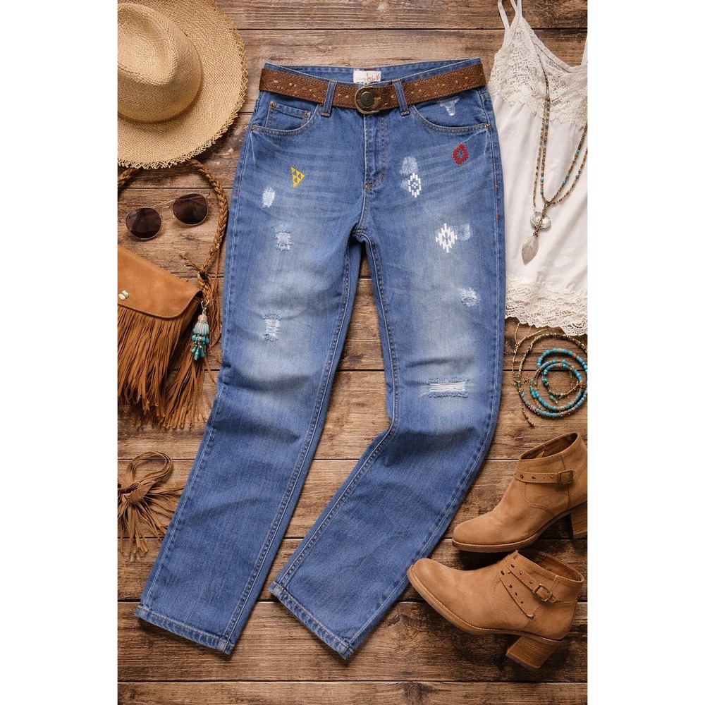 Titicaca Straight Leg Jeans Womens L Blue Excellent Boho Embroidered Distressed